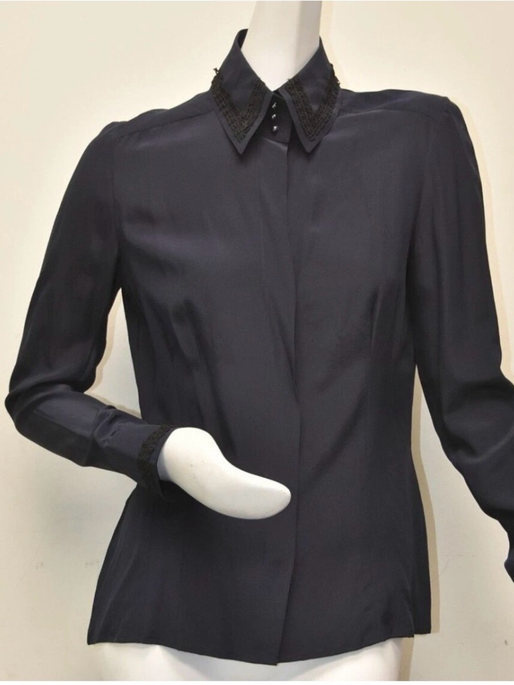 CHANEL Navy Silk Long Sleeve Blouse with Embellished Collar